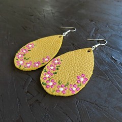 Handmade Genuine Leather Earrings Yellow Pink Painted Flowers Mexican Folk Art