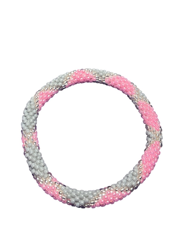 Pink and Grey Seed Bead Roll On Bracelet 6.75 inches