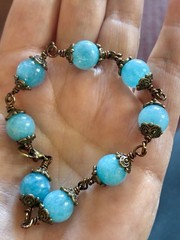 Blue Quartz , Wire Wrapped Stone Bracelet In bronze with Antiqued Spacer Beads