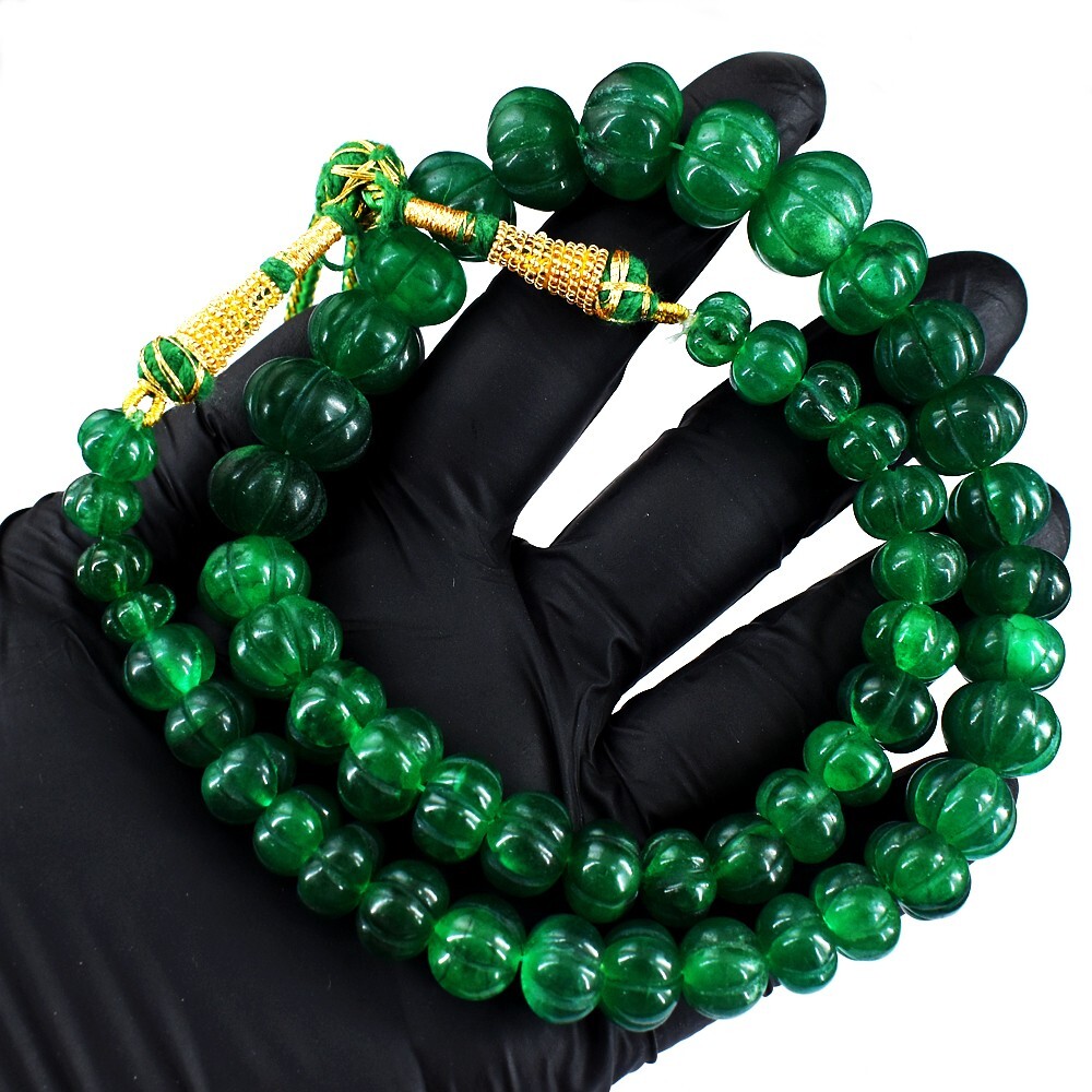 Attractive Carved Green Emerald 522.00 Cts Beaded Necklace Jewelry VK 39 E674