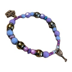 Handmade Elastic Bracelet-6.75 in-Plastic w/Rhinestone Spacers-2 Goldtone Charms