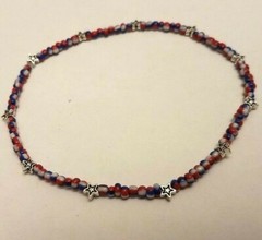 4th of July Red White & Blue Glass Seed Bead Patriotic Stars Stretch Anklet USA