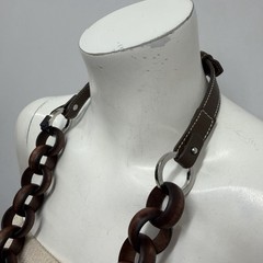 Max Mara Wood Metal & Leather Necklace Brown NWT ART TO WEAR 38″