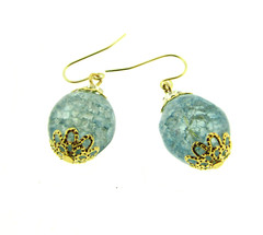 Blue Crackle Glass Bead Dangle Earrings .5*1.25 Gold Tone