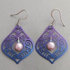 Handmade Blue Purple Filigree Earrings Swirl Dangles Beads Gift Rdy Lightweight
