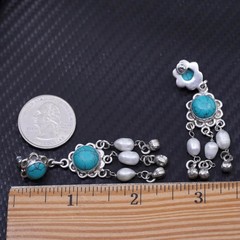 Vintage sterling silver 925 handmade earrings with turquoise and pearl beads