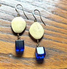 Handmade Modernist Brass & Blue Glass Earrings Brass Wire – Repurposed vintage
