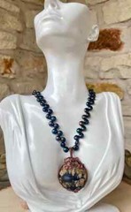 New Handmade Statement Necklace- Wire Wrapped Stone with Black Button Pearls