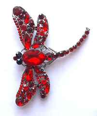 vintage RED DRAGONFLY faceted RHINESTONEs in GIFT BOX Silver Tone #BRO4