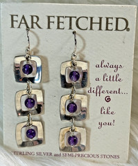 NEW Vintage FAR FETCHED Amethyst & Square Frame Trio Earrings .925 Silver EC660