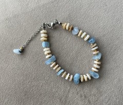 NATURAL SEASHELL Disk Aquamarine Beads Beaded Lobster Bracelet Stainless 7.5”
