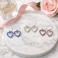 Rhinestone Heart Charm Earrings–925 Sterling Silver Hooks – Blue, Clear or Pink