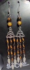 Tiger’s Eye & Acrylic Beaded Silver Triquetra & Feathers Earrings
