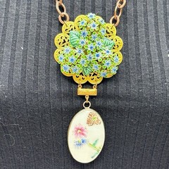 Adorned Crown Jewelry assemblage vintage blue rhinestone ceramic drop necklace