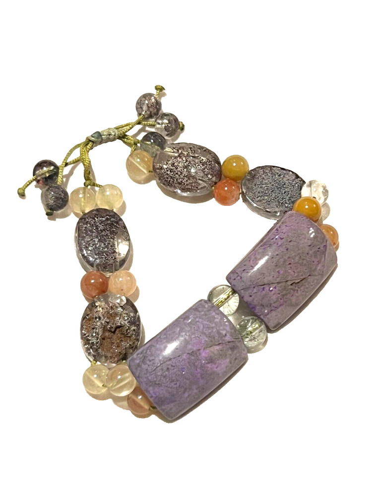 NATURAL Sugilite + Agate + Phantom Ghost Quartz Beaded Bracelet