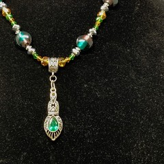 Handmade Artisan Beaded Pendant Necklace Multicolor Silver Tone Metal Toggle