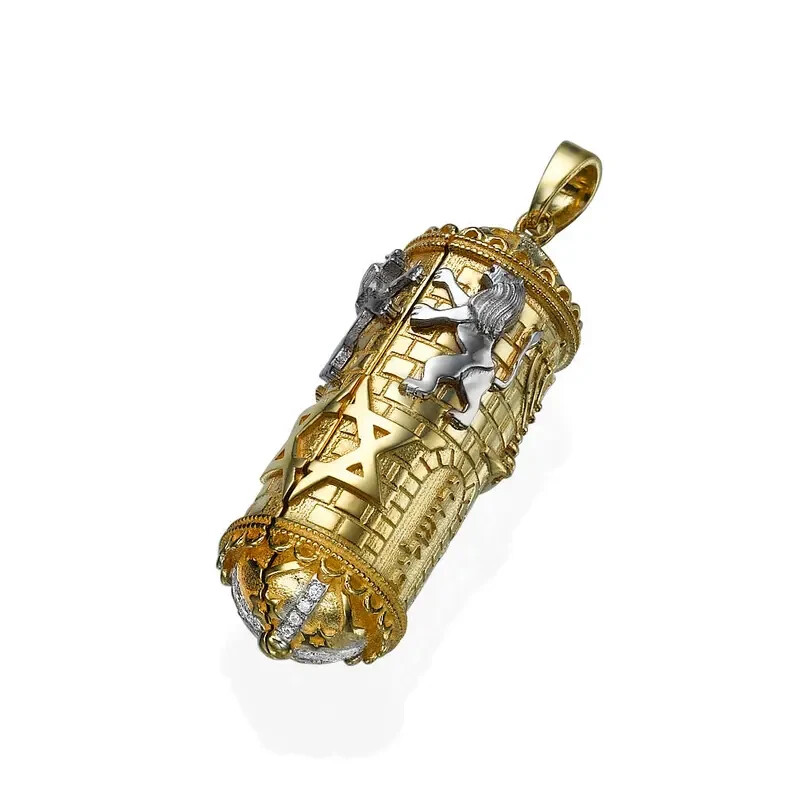 Torah Pendant with 0.10 Ct Natural Diamonds in Two Tone 14k Gold Jewish Symbol