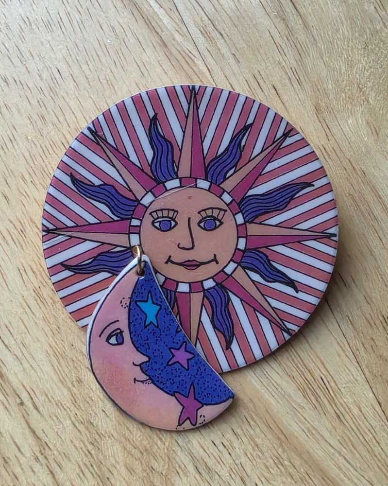 Unique Handmade Celestial Sunface Dangle Crescent Man In Moon Signed Brooch