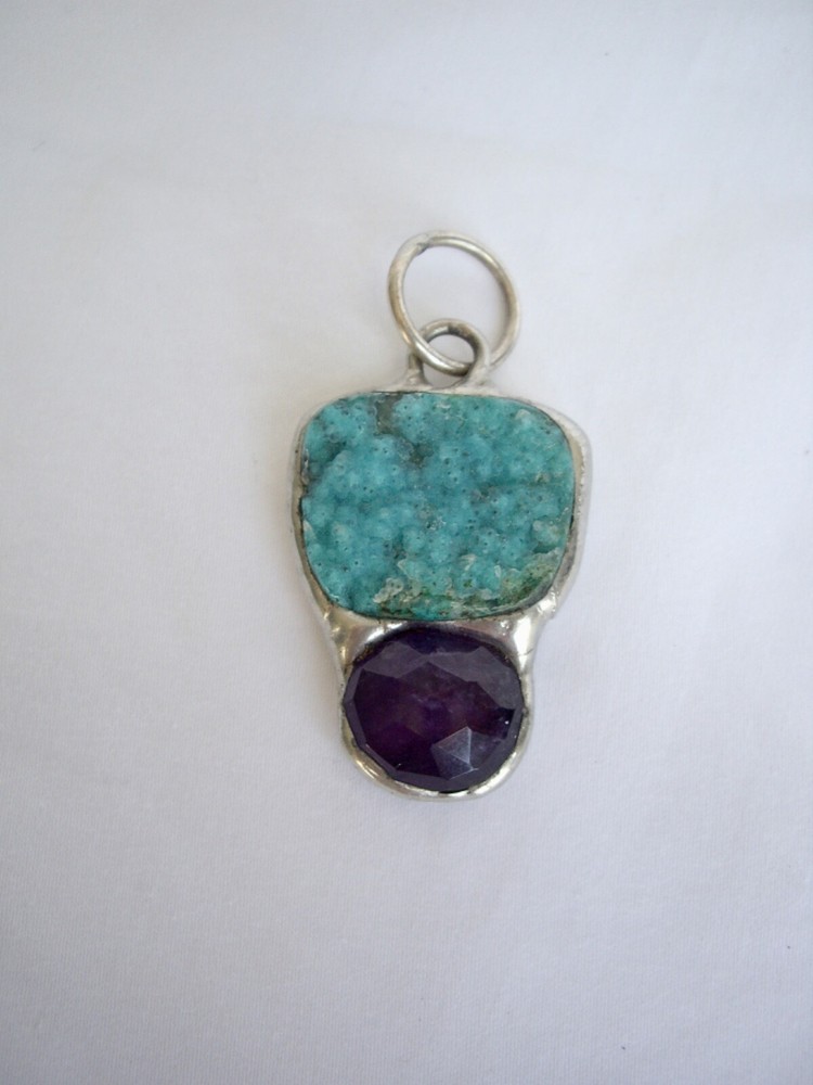 Faceted Amethyst and Turquoise Druzy Pendant