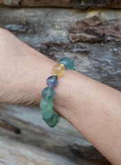 Green Fluorite Crystal Bracelet With Yellow & Purple Stretch Gem Beads 6.75″