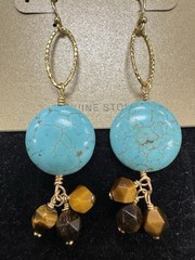 Barse Turquoise & Tiger’s Eye Dangle Earrings Gold Tone Genuine Stone Boho NWT