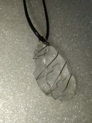 Clear Quartz Crystal Necklace Handmade Silver Wire Wrap Pendant Black Cord Chain