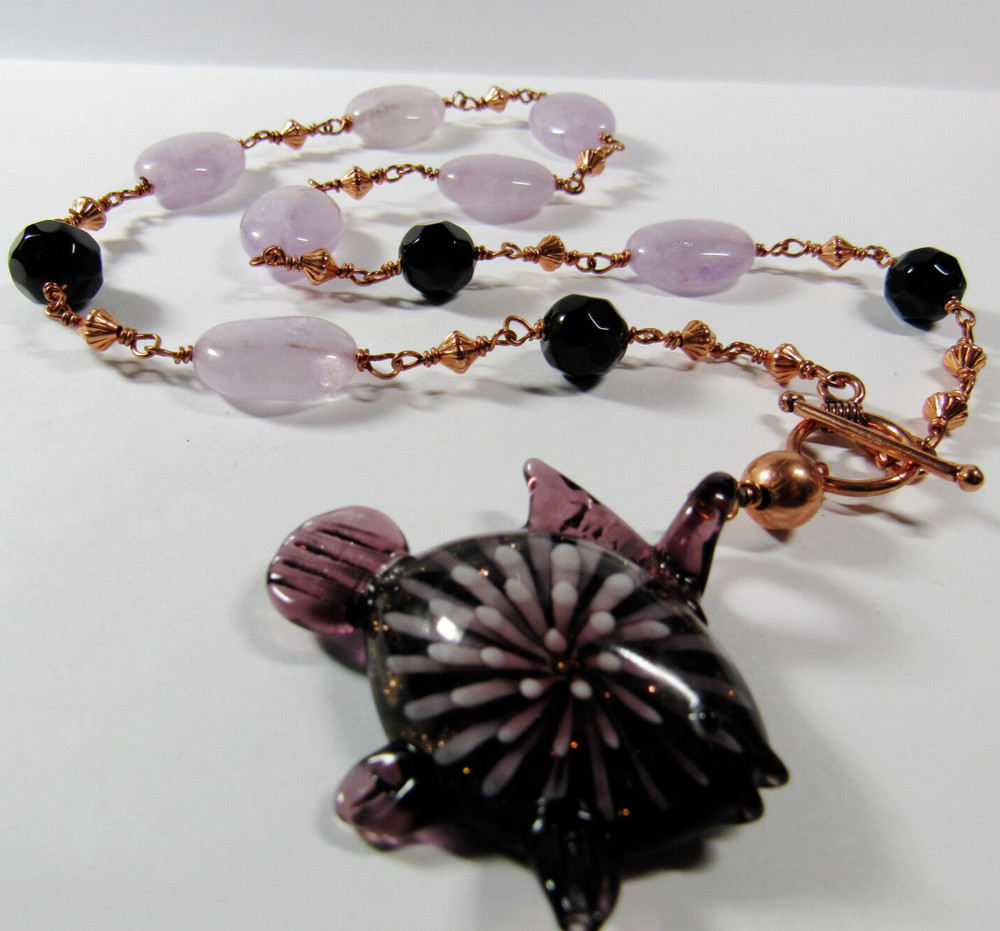 Handmade Artisan Purple Glass Fish Pendant Necklace Copper Toggle Clasp