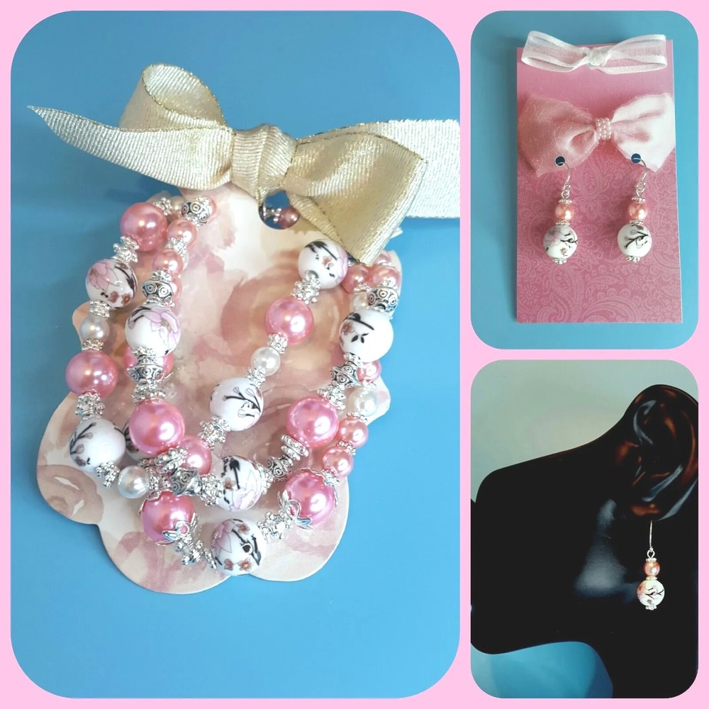Pretty BALLET PINK Handmade Ceramic Set 3 Bracelets +Earrings 925 Silver Spacers