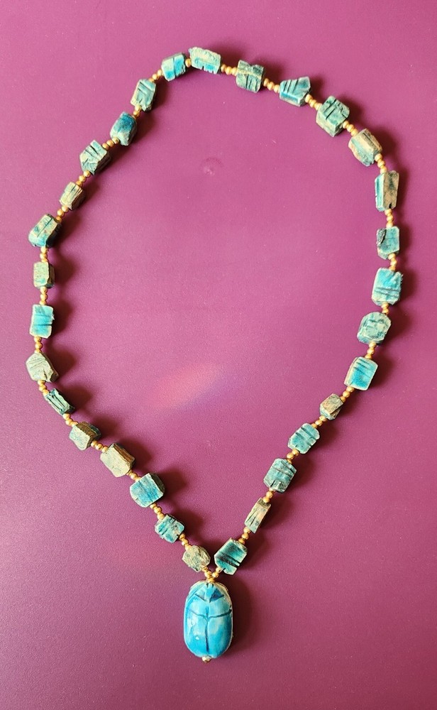 Vintage Handmade Egyptian Revival Blue Turquoise Ceramic Clay Scarab Necklace