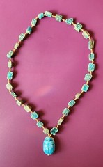Vintage Handmade Egyptian Revival Blue Turquoise Ceramic Clay Scarab Necklace