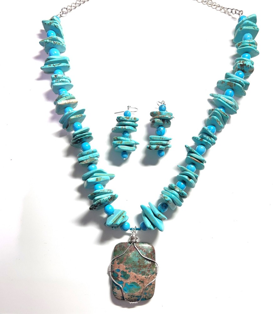 Jewelry Set Turquoise Beads wire-wrapped Agate Pendant Handmade
