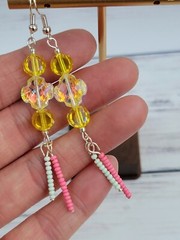 Yellow, Pink, and Blue Glass Dangle Earrings Silver Tone Handmade