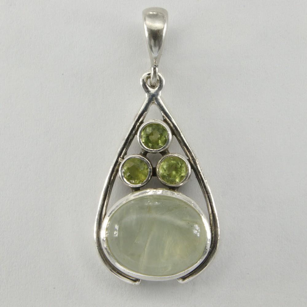 925 Sterling Silver Oval Green Prehnite and small Round Peridot Teardrop Pendant