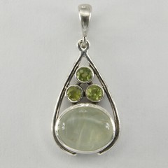 925 Sterling Silver Oval Green Prehnite and small Round Peridot Teardrop Pendant