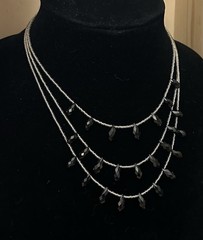 Black Faceted Teardrop Triple Layer Seed Beaded Statement Necklace 925 Clasp