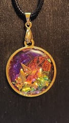 Handmade Resin Necklace – Goldtone- Iridescent Flakes – Adjustable Cord Necklace