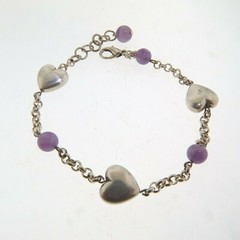 Amethyst Bead Heart Bracelet Silver Plated Artisan 10mm 7.5-8.5