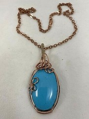Handmade Copper Wire Wrapped Turquoise 1 1/3 x 2 3/4 Oval Pendant 18″ Chain #219