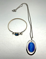 Lot 2 VTG Blue Cat’s Eye Pendant Chain Link Necklace Silver Tone 18″ + Bracelet