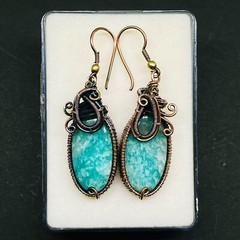 Natural Amazonite Gemstone Copper Wire Wrapped Handcrafted Earrings 45x18mm