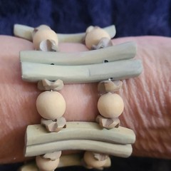 Beaded Wood Stretch Bracelet Beige Green Cord Nature Theme Asymmetrical Unisex
