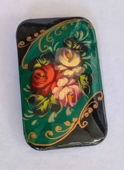 4 Lacquer Russian Pins Brooch Handmade Signed Painted Floral Flowers