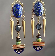 Handcrafted Egyptian Revival Earrings, Pharaoh, Tut, Czech Glass, Blue, Green