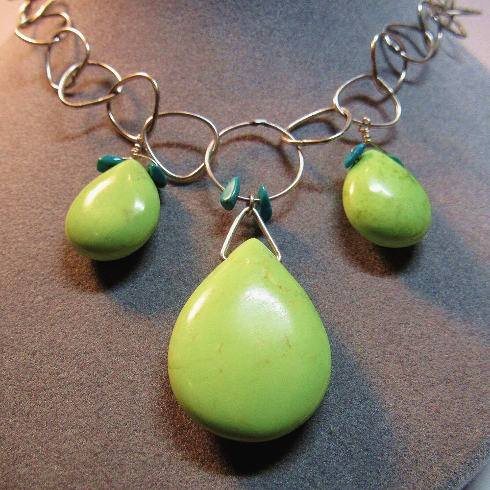 Artisan OOAK SOLID STERLING SILVER Green Turquoise Stone Pendant Necklace