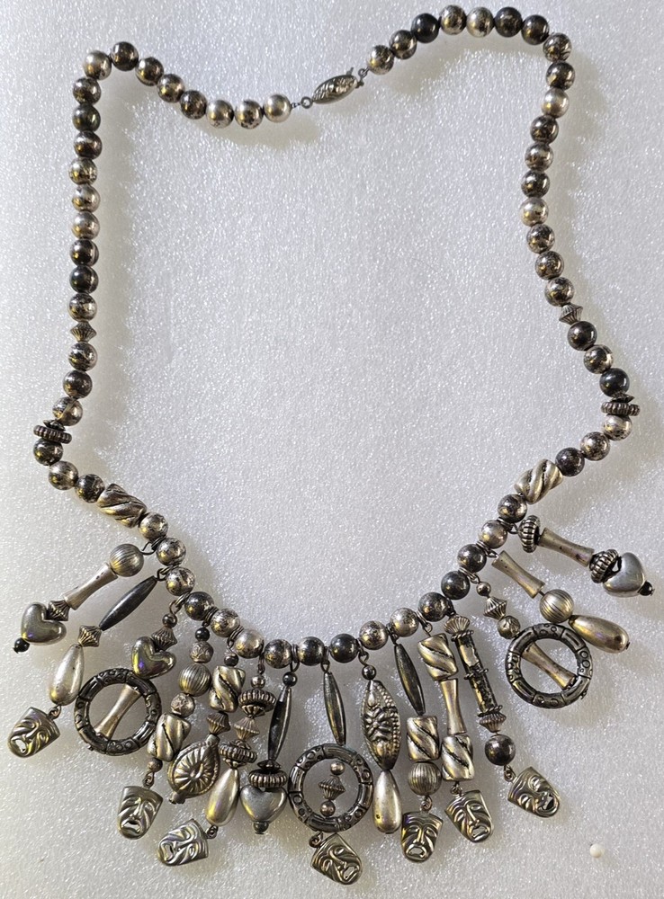 Vintage Artisan Made Crafted Drama Faces Charms Beaded On Chain Dangle Necklace