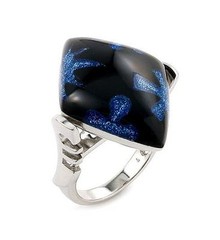 ALAN K. DESIGNO COLLECTION BLACK SHAPE RESIN, BLUE FLOWERS & 925 ST/SILVER RING