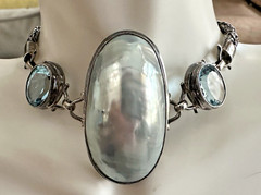 Huge Unique Vintage Sterling Silver Blue Topaz Shell Wheat Chain Bracelet 7.5″