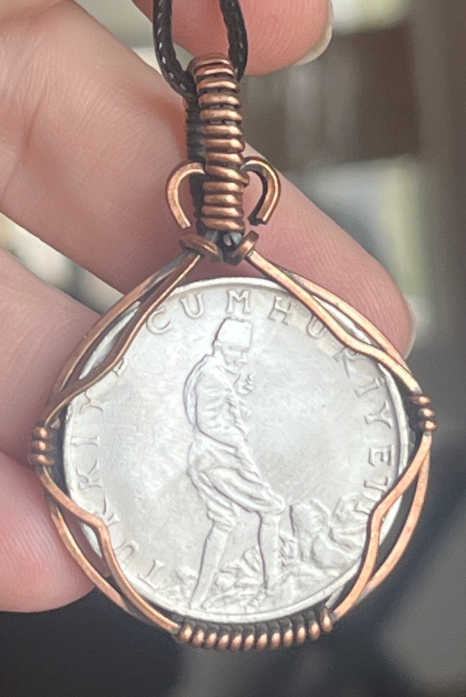 Handmade copper wire wrapped 1971 Turkish 2 1/2 Lira Coin Pendant 5m