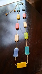 Tagua Nut Vtg Necklace Primary Colors Flat Rectangular On Cord 70-80’s (30-35″)