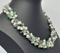 Artisan-Made Collar Necklace .999 Fine Silver W/Jade Chips And Freshwater Pearls